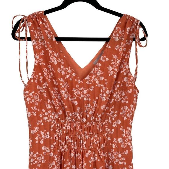 Chelsea28 Sleeveless V-Neck Smocked Tie Shoulder Mini Dress Coral White Medium - Picture 3 of 13